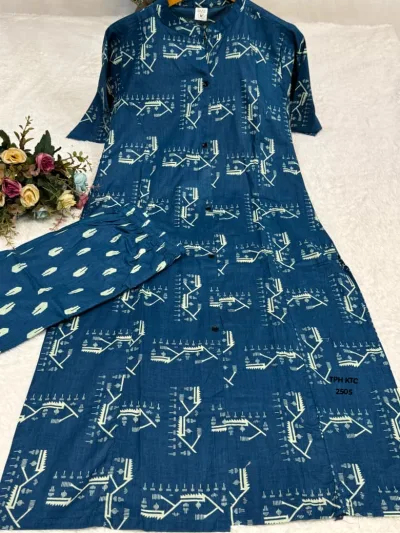 Teal Blue Ethnic Printed Straight Kurta Pant Set